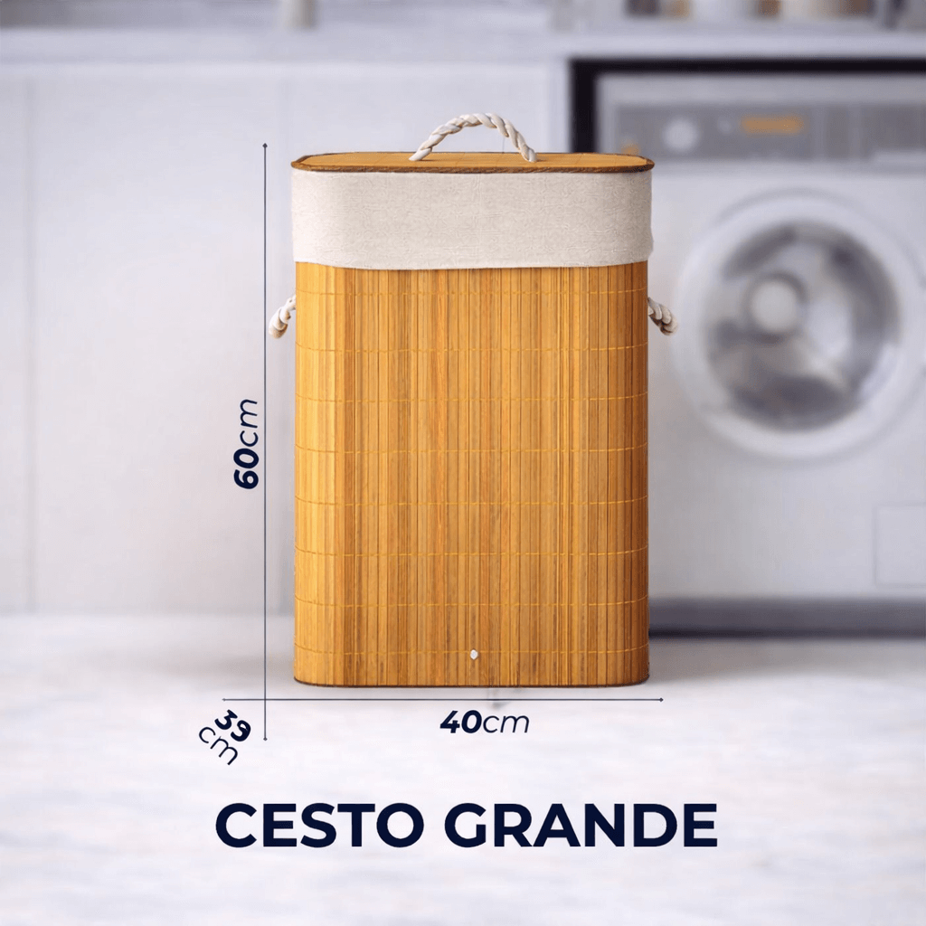 Cesto de Roupa em Bambu com Tampa e Forro Interno