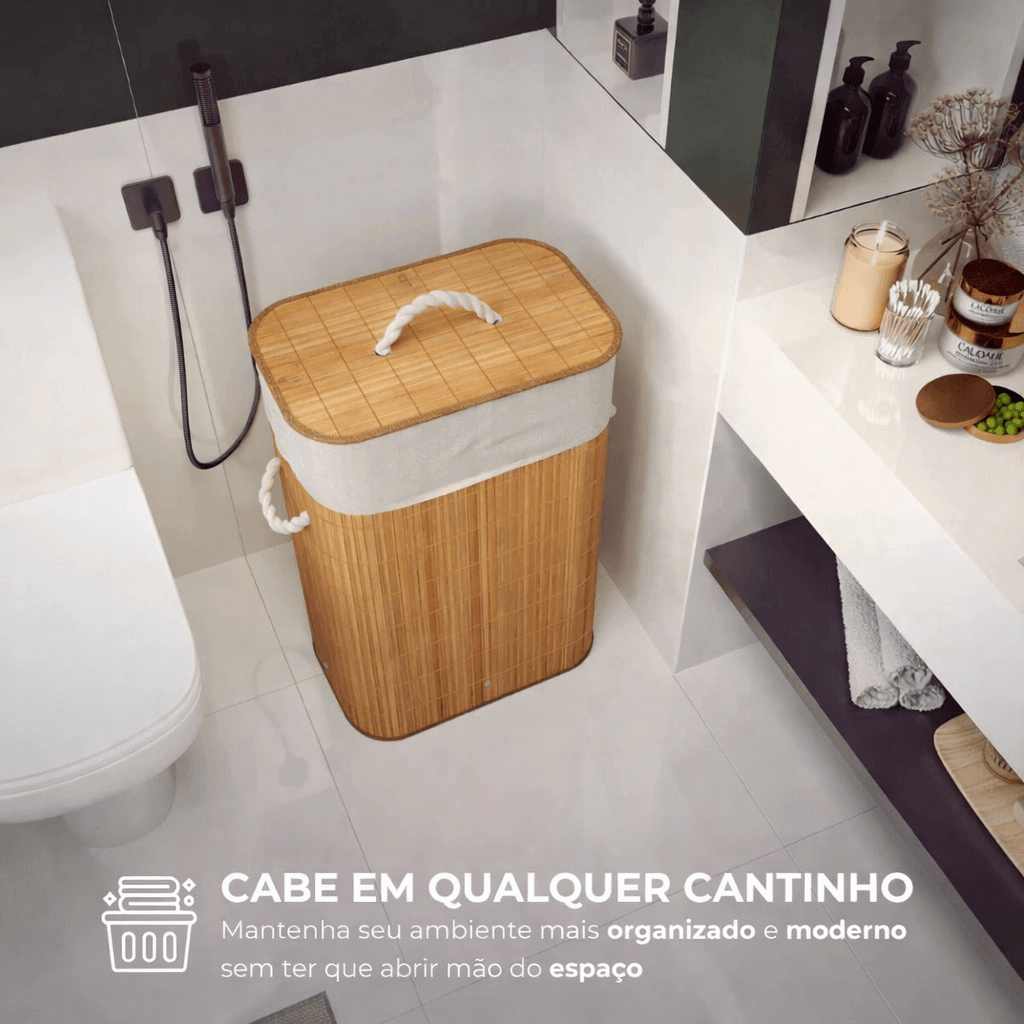 Cesto de Roupa em Bambu com Tampa e Forro Interno