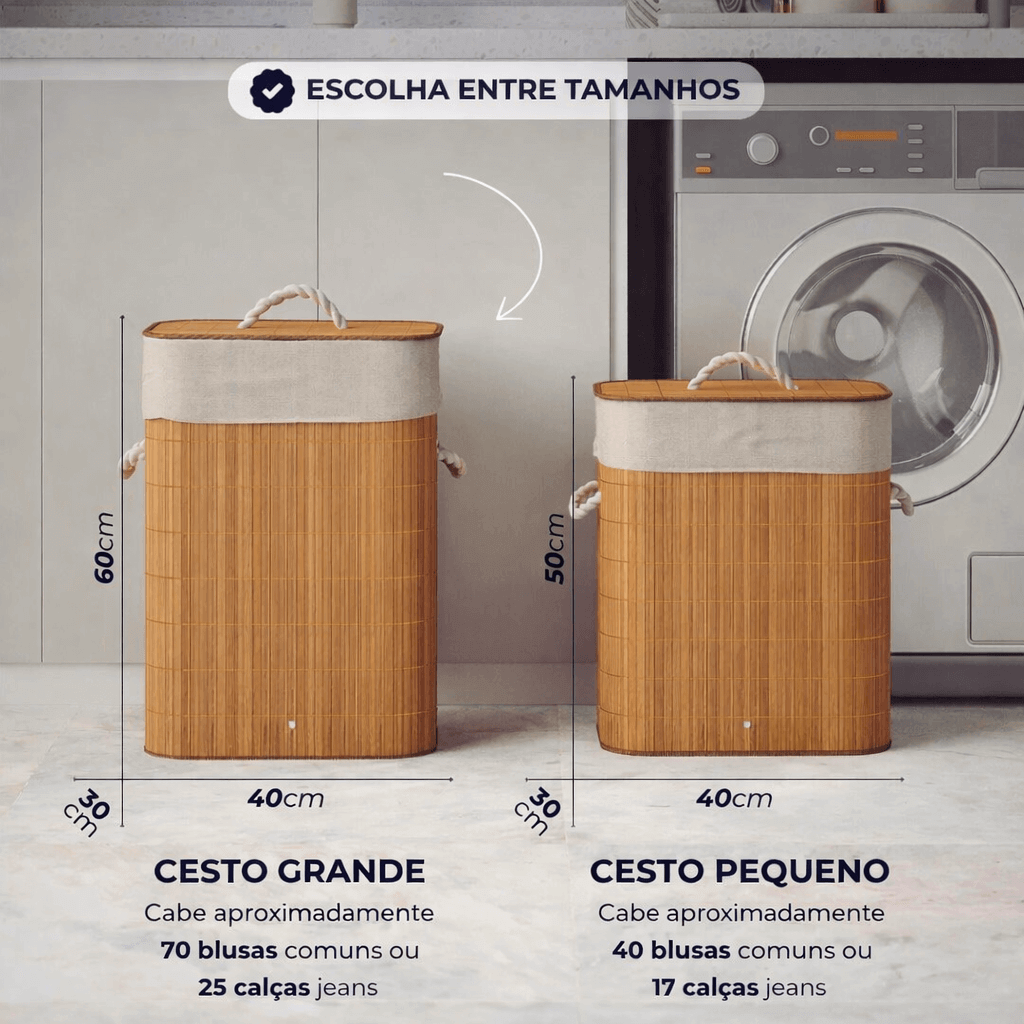 Cesto de Roupa em Bambu com Tampa e Forro Interno