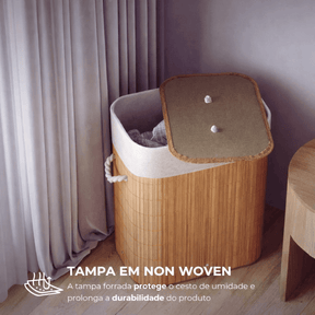 Cesto de Roupa em Bambu com Tampa e Forro Interno