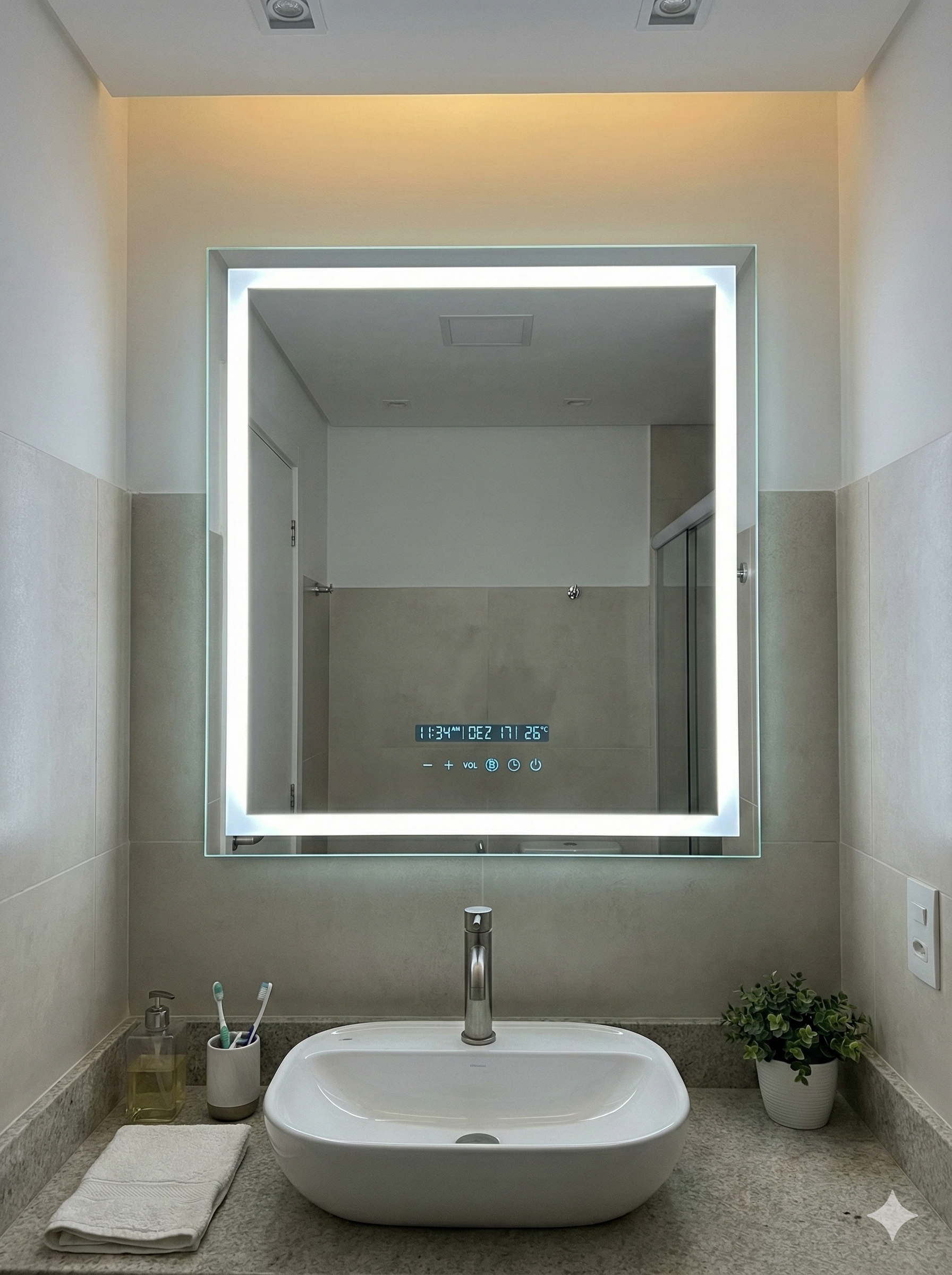 Espelho Quadrado com LED, Audio Bluetooth e Display Inteligente