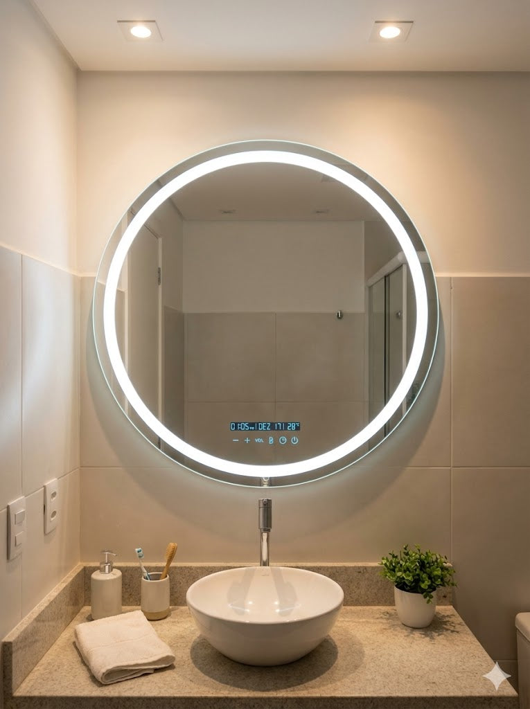 Espelho Redondo com LED, Audio Bluetooth e Display Inteligente